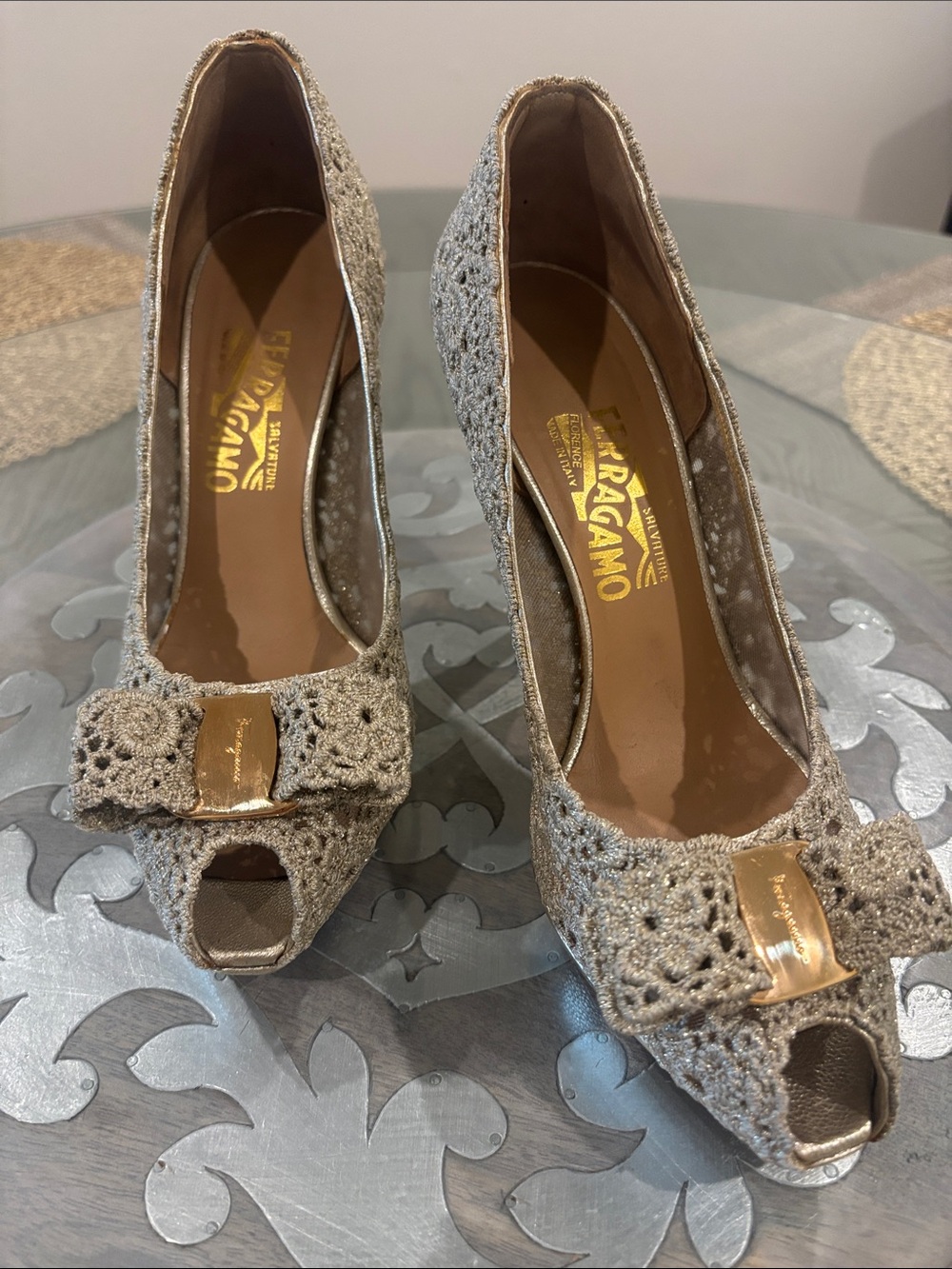 Salvatore Ferragamo Taupe Crochet Peep-Toe Heels with Gold Plaque